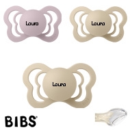 BIBS Couture Sutter med navn str2, 2 Vanilla, 1 Dusky Lilac, Anatomisk Silikone, Pakke med 3 sutter
